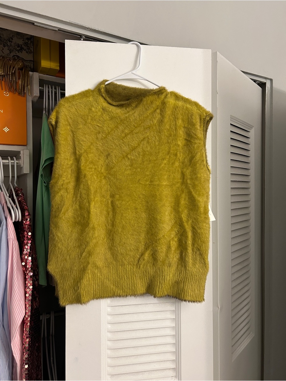 Anthropologie Olive Green Faux-Fur Crewneck Sleeveless Top
